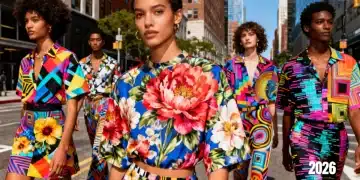 Models wearing vibrant 2026 bold fashion prints in US urban setting