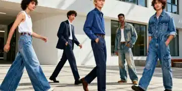 Four diverse models showcasing 2026 denim styles: wide-leg, tailored straight-fit, relaxed vintage, and utility jeans in an urban environment.