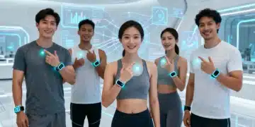 People wearing advanced health tech wearables in a modern setting, displaying real-time biometric data.