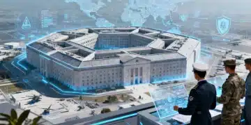 Futuristic Pentagon with global threat maps, symbolizing 2026 defense budget and national security planning.