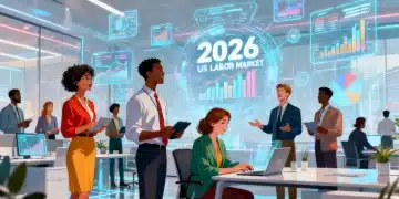 Futuristic professionals collaborating in a dynamic 2026 US labor market setting