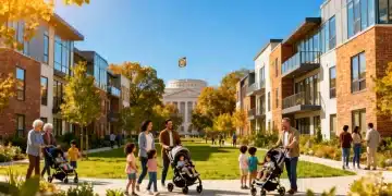 Modern affordable housing development with federal intervention symbols