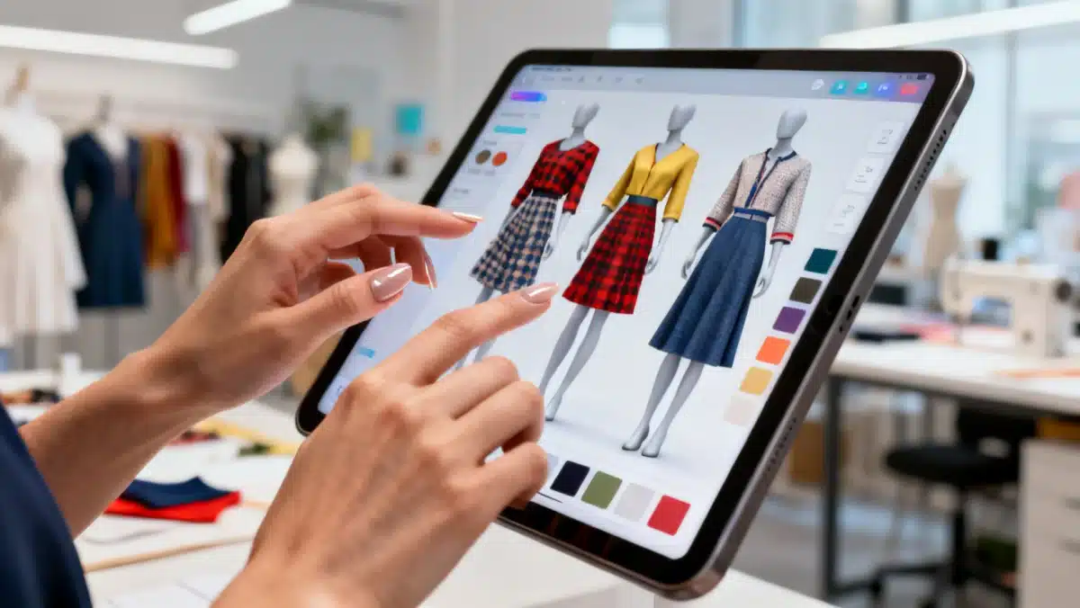 Hands interacting with AI fashion design app for personalized clothing