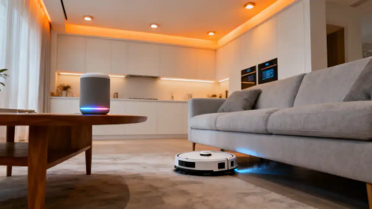 Smart home interior showcasing integrated AI devices for enhanced daily convenience in the US.