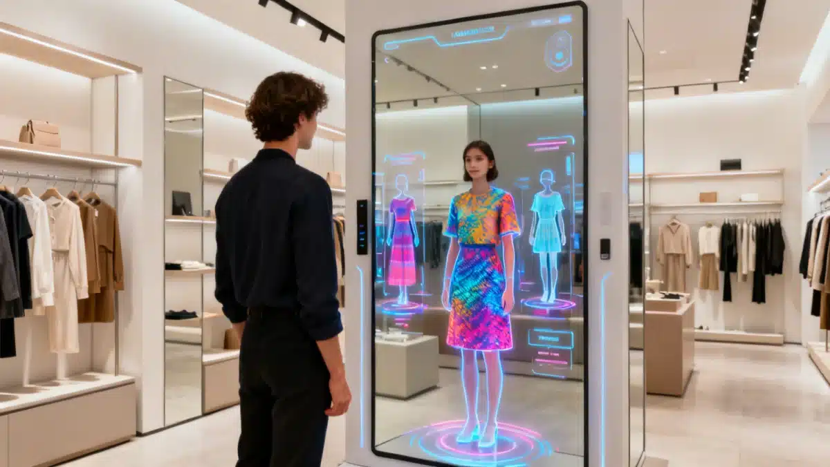 Shopper using augmented reality mirror for virtual try-on in retail