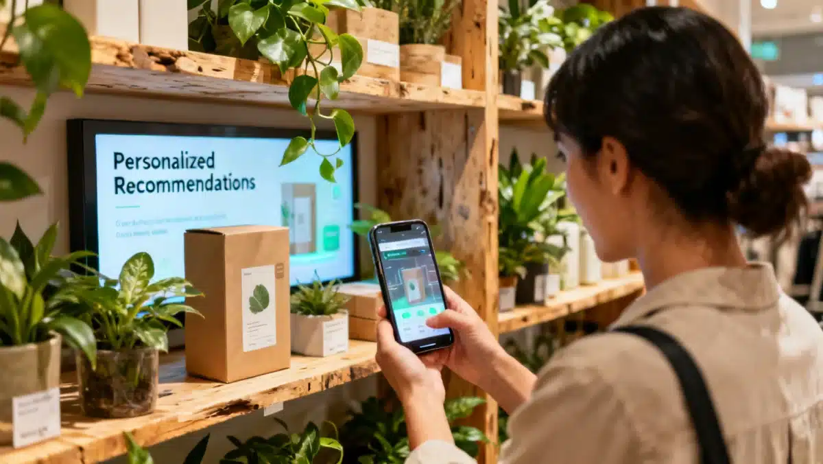 Shopper using AR app for product information in a modern, sustainable retail store