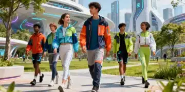 Diverse individuals embracing 2026 athleisure trends in a modern urban park, showcasing stylish comfort and innovation.