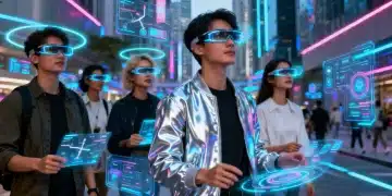 People interacting with augmented reality in urban environment 2026