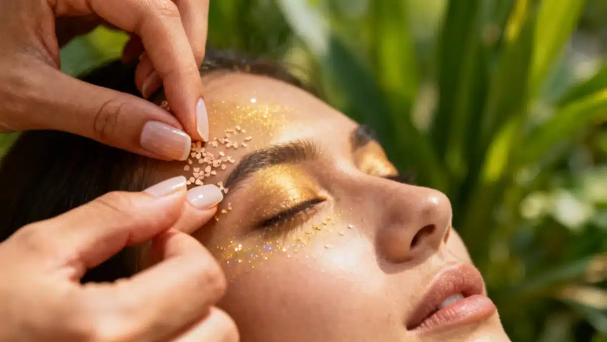 Close-up of hands applying biodegradable glitter, symbolizing eco-conscious makeup innovation.