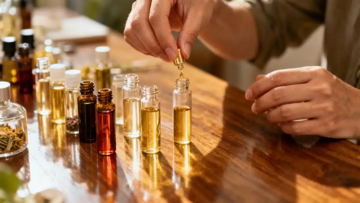 Hands blending essential oils to create a custom fragrance.