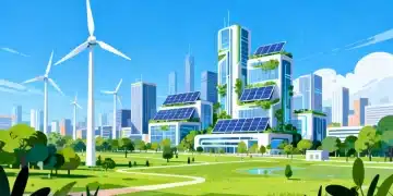 Futuristic city with wind turbines and solar panels, symbolizing clean energy and environmental sustainability.