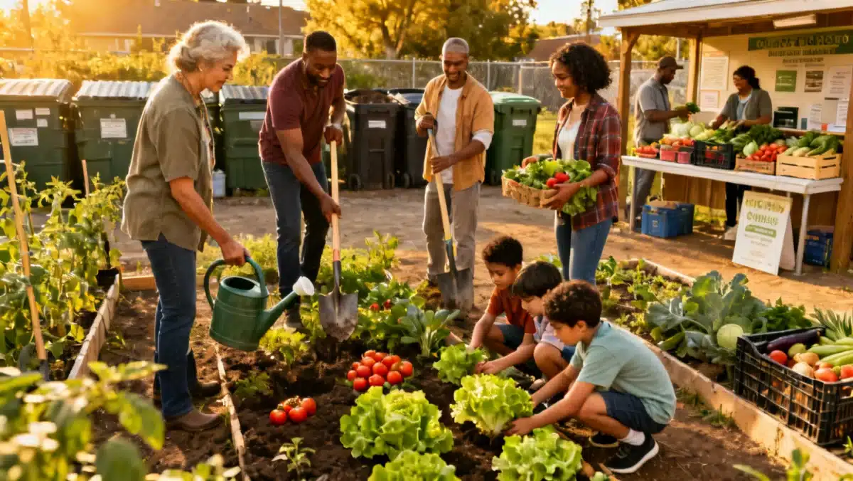 Community garden with diverse neighbors and shared resources