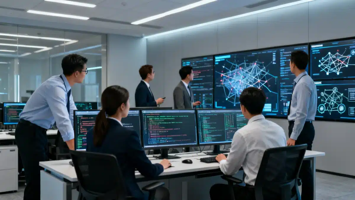 Cybersecurity team analyzing threats and implementing protocols