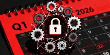 Illustration of digital lock and gears representing data privacy regulations for online businesses in 2026.