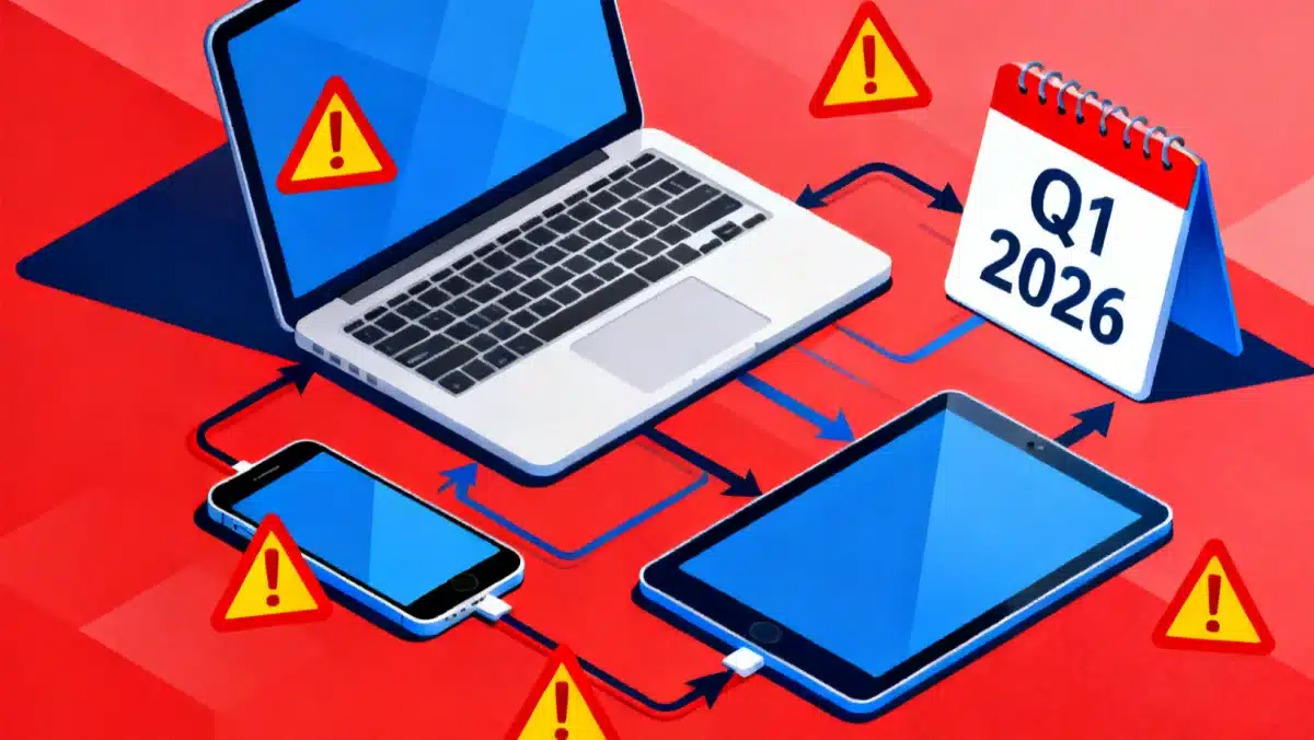 Digital devices showing data flow and a Q1 2026 calendar reminder for new privacy laws