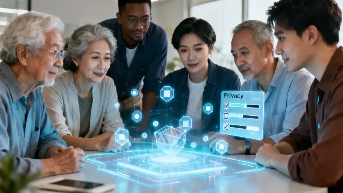 Consumers interacting with digital privacy settings, reflecting new FTC data security regulations.