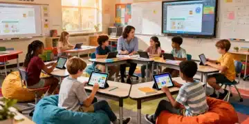 Diverse K-12 students learning with technology in a modern classroom