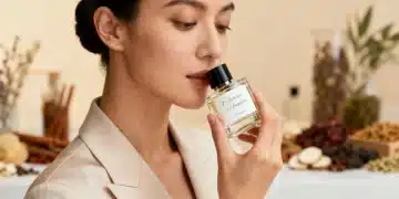 Elegant woman smelling a personalized fragrance bottle in a modern perfumery.