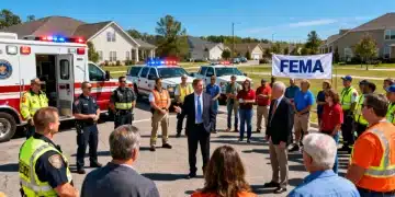 FEMA officials and community members engaged in a disaster preparedness exercise.