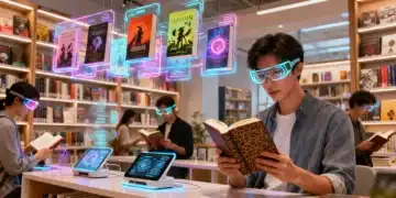 Futuristic bookstore with holographic book displays and engaged readers