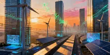 Futuristic city skyline with integrated renewable energy systems.