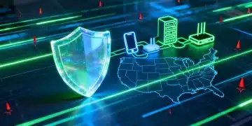 Futuristic cybersecurity shield protecting digital data streams in a connected world