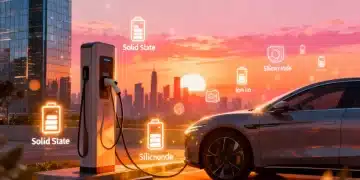 Futuristic EV charging station with glowing battery icons representing advanced technologies launching in 2026.