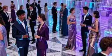 Futuristic formalwear at a 2026 US special occasion event, featuring sustainable materials and subtle tech integration.