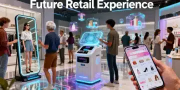 Futuristic retail environment with diverse shoppers using advanced technology