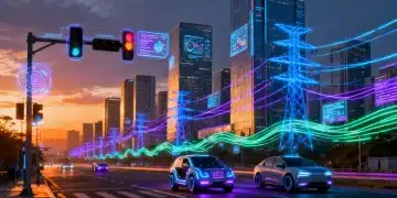 Futuristic smart city with glowing data lines and advanced infrastructure