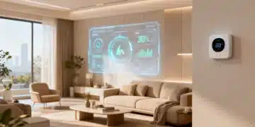 Futuristic smart home interior with integrated energy display and advanced climate control