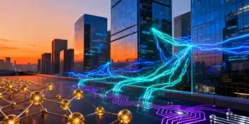 Futuristic cityscape with glowing data streams representing AI and quantum computing
