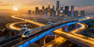 Futuristic highway interchange with high-speed rail and drone ports, representing advanced US infrastructure.