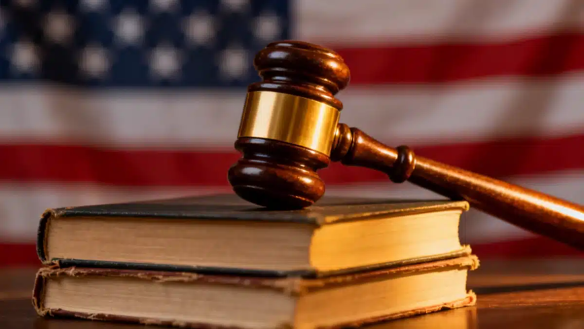 Close-up of a judge's gavel on law books, representing judicial deliberation and constitutional interpretation.