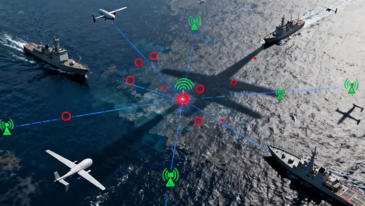 Satellite view of geopolitical hotspot with naval vessels, drones, and intelligence data, illustrating global threats.