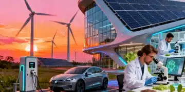 Futuristic green energy landscape with solar, wind, and electric vehicle charging