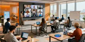 Professionals collaborating in hybrid work environment with technology