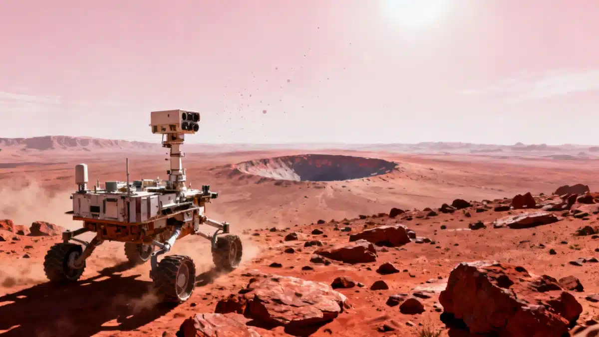 Artist's impression of a NASA rover exploring the Martian landscape.