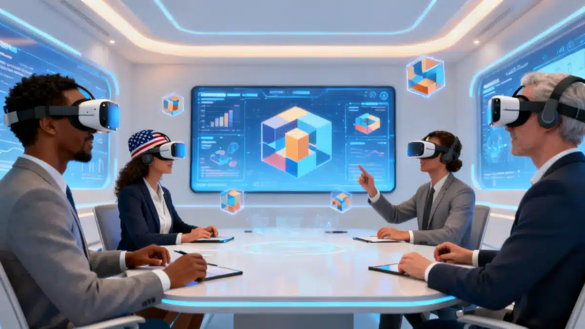 US business professionals collaborating in a virtual reality meeting room within the metaverse.