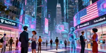 Futuristic metaverse cityscape with digital avatars and business logos representing opportunities for US businesses.