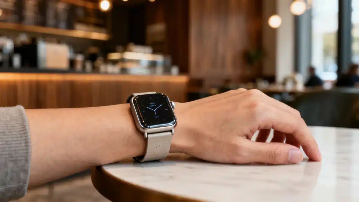 Close-up of a minimalist smart watch with a sustainable metal band, embodying 2026's tech-luxury trend.