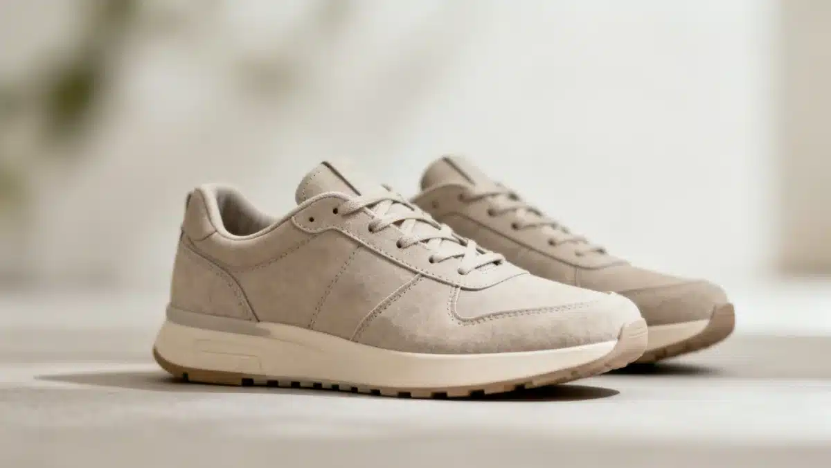 Close-up of minimalist sustainable sneakers, highlighting eco-friendly design