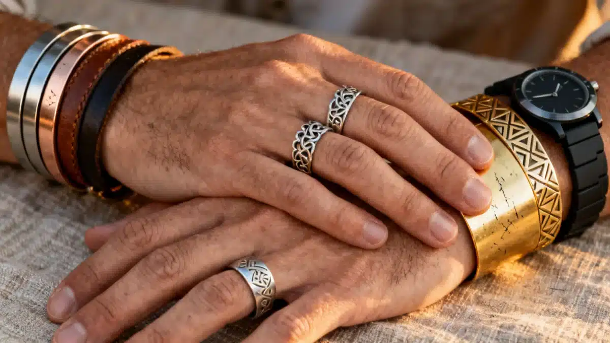 Hands with mixed metal rings, stacked bracelets, and modern watch for accessory styling.
