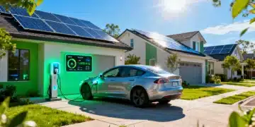 Modern U.S. home with solar panels, EV charger, and smart energy display, symbolizing renewable energy investment and financial impact.