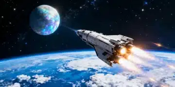 Futuristic spacecraft launching towards exoplanet, symbolizing NASA's 2026 missions.