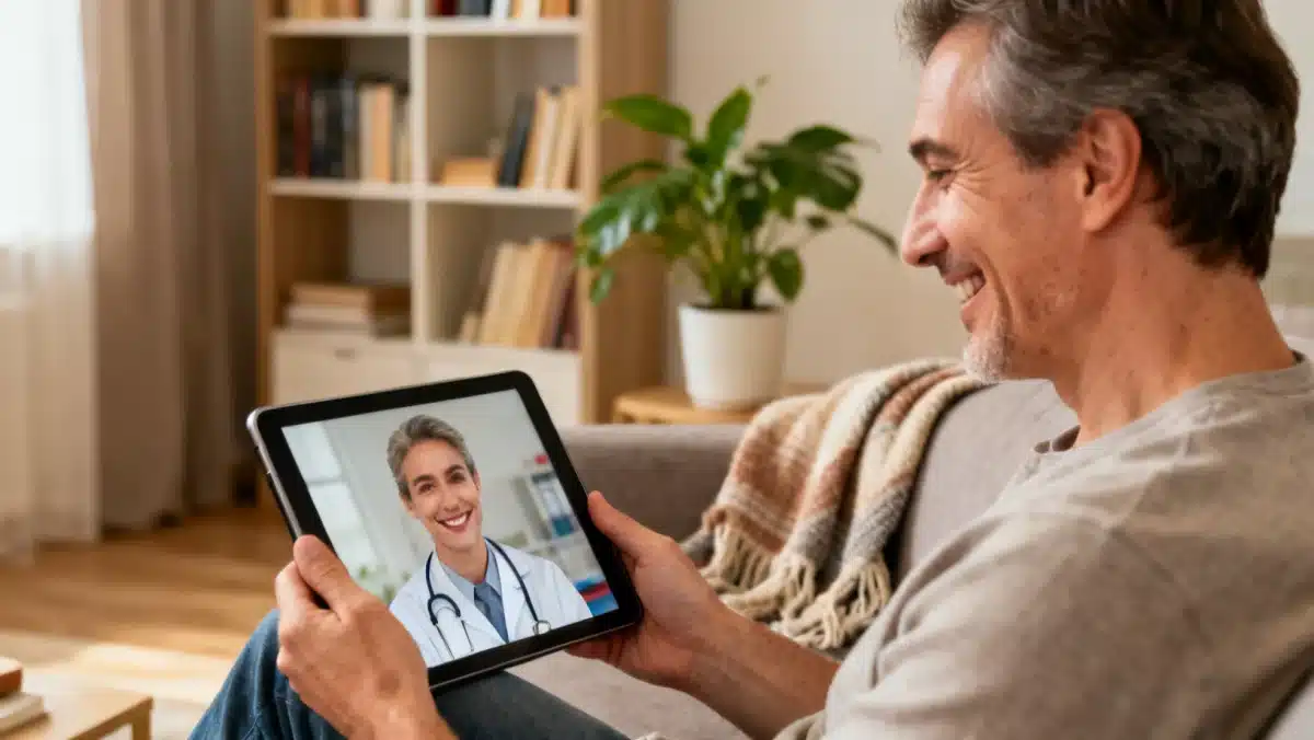 Patient having a virtual doctor's appointment via tablet from home