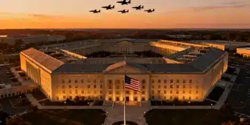 Pentagon Building at Dusk, American Flag, Military Aircraft