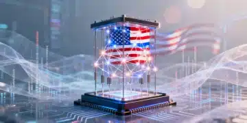 Quantum processor glowing, symbolizing advanced computing in US industries.
