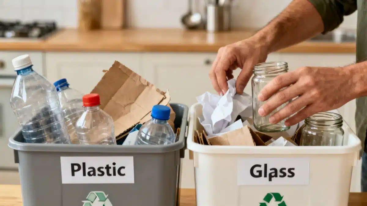 Hands sorting recyclables into designated bins