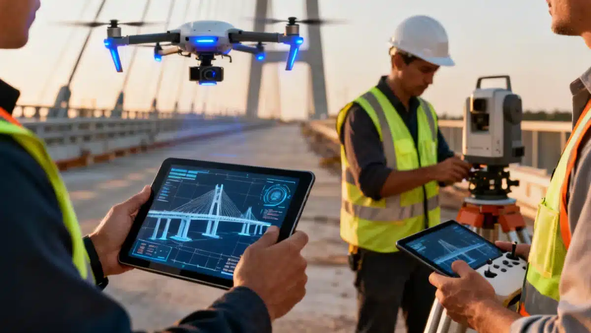 Engineers and construction workers using technology on a smart bridge project.